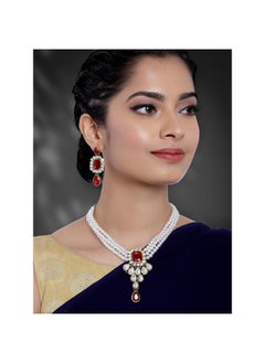 PEORA Peora Maroon Crystal Pearl Necklace Earring Traditional Jewellery Set for Women Girls  - Image 2
