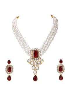 PEORA Peora Maroon Crystal Pearl Necklace Earring Traditional Jewellery Set for Women Girls  - Image 1