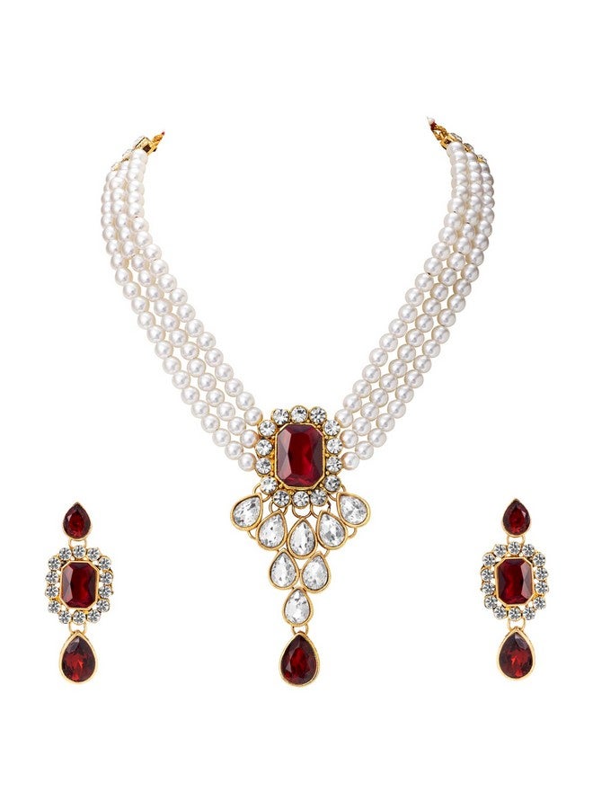 Peora Maroon Crystal Pearl Necklace Earring Traditional Jewellery Set for Women Girls - Image 1