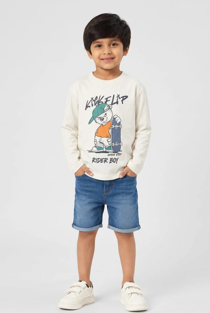 او في اس OVS White Pure Cotton Oversized Fit T-Shirt With Skate Print For Boys