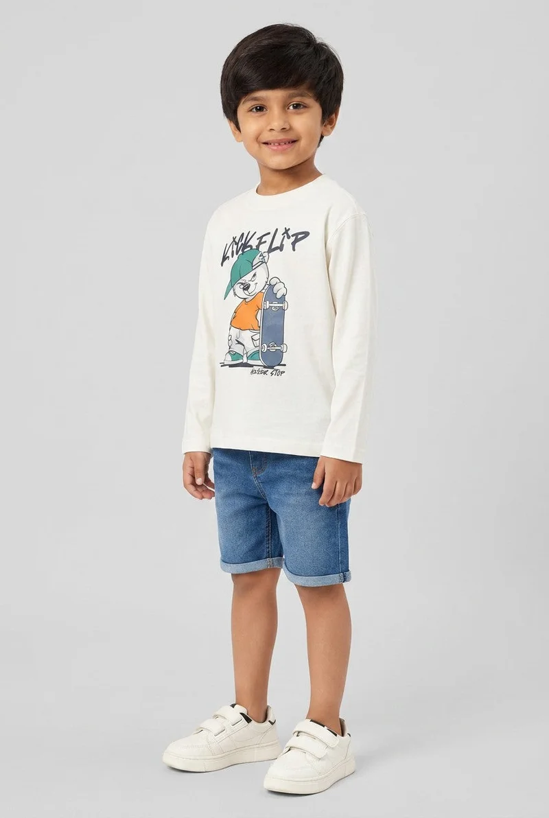 او في اس OVS White Pure Cotton Oversized Fit T-Shirt With Skate Print For Boys