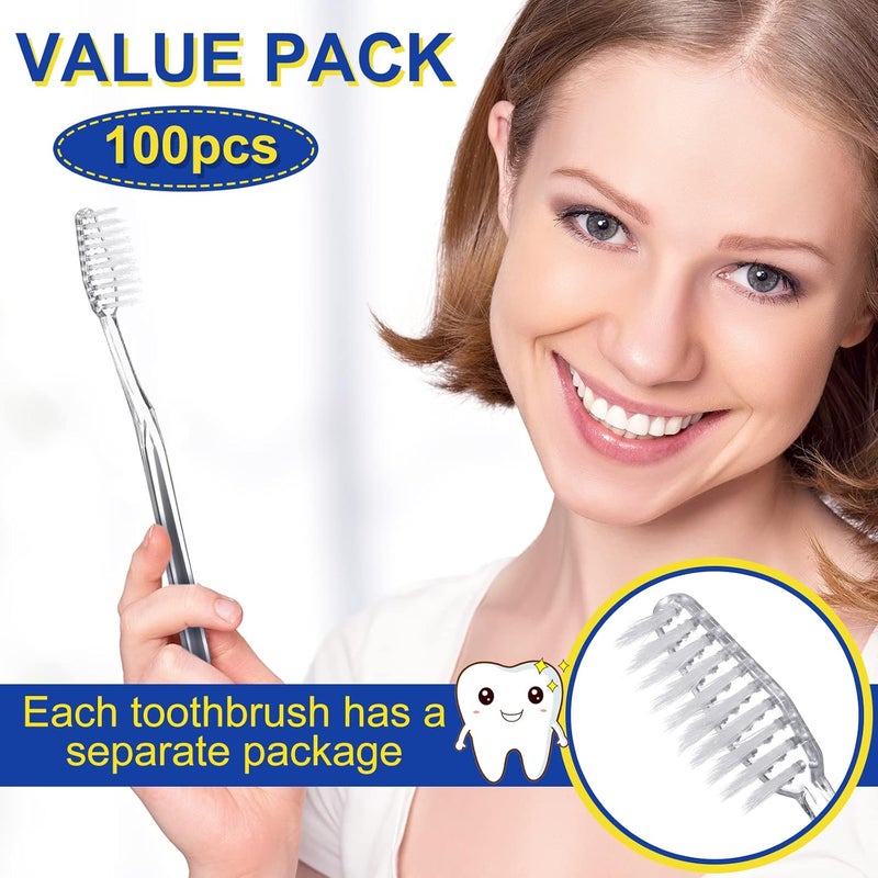 Patelai 100 Pcs Individually Wrapped Toothbrush Bulk Disposable Travel Toothbrushes Soft Bristle Tooth Brush Single Pack for Camping Adults Kids Hotels Guest Toiletries (Silver) - Image 2