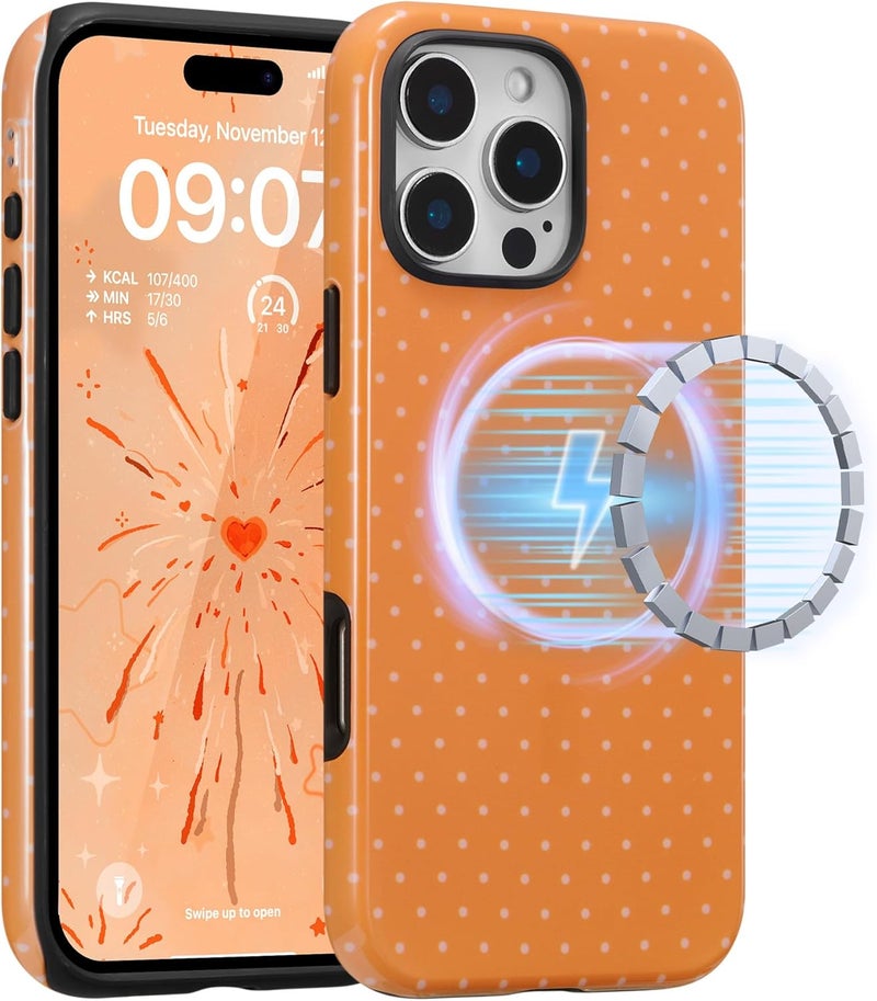 Budget friendly sizing alternatives for iPhone 16 Pro Max Magnetic Case, Cute Polka Dot Aesthetics Design Phone Case Soft TPU Slim Shockproof Stylish Protection Cover for Girls Women - Orange | Built in Magnetic Support Magnetic Accessory | Cute Polka Dot Pattern | Hard PC Back+Soft Layer Dual Protective Phone Case Simple multi-color universal build - Image 1