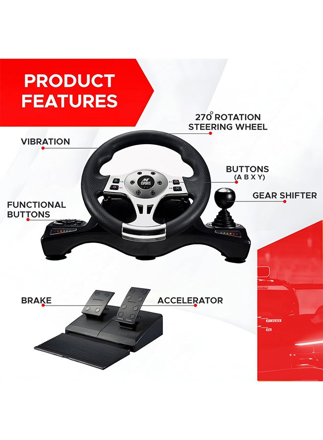 ANT Esports Renewed - Ant Esports GW190 Racing Steering Wheel with Pedals & Shifter, 270° Rotation, Universal USB, Compatible with PC, PS4, PS3, Xbox One, Xbox Series X/S, Nintendo Switch & Android TV (Black - Image 5