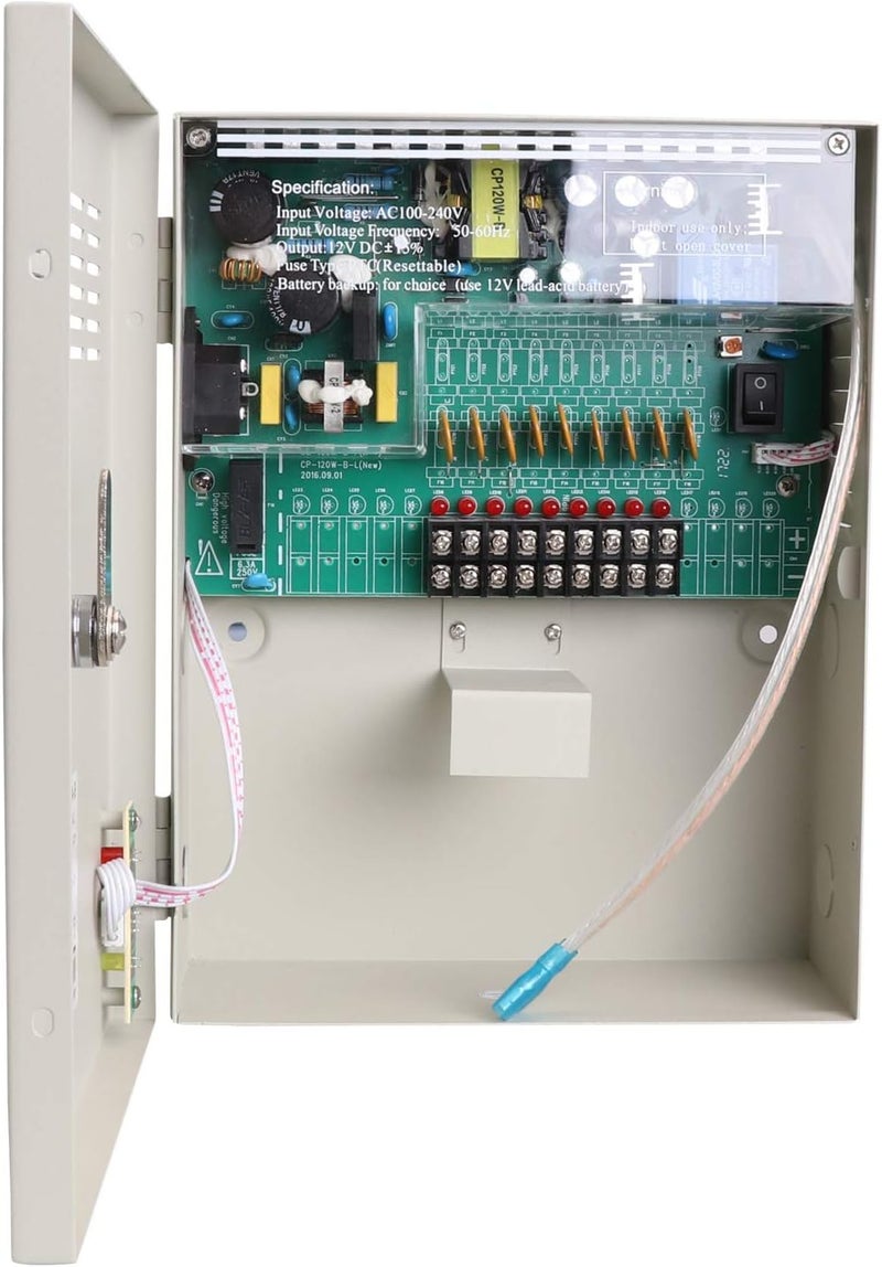 Xenocam 9 Channel 9 Way 12V 5Amp DC Metal Boxed Cabinet Regulated Power Supply Unit with Backup Battery Link for Burglar Alarms CCTV Cameras PTZ Access Control - Image 1