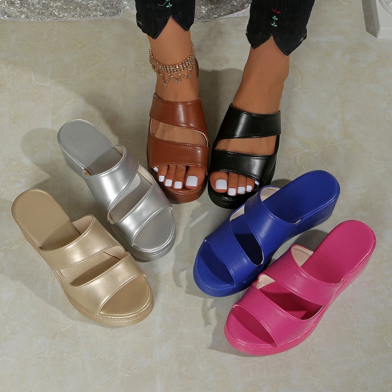 Large Size Wedge-Heeled Slippers For Women, New Summer Style, Waterproof Platform, Thick-Soled, Solid Color, Women'S Open-Toe Slippers For Outdoor Wear - Image 2