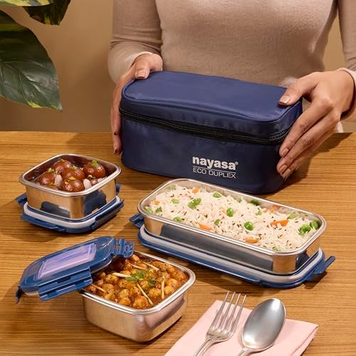 Nayasa Eco Duplex 3 Stainless Steel Office Lunch Box Set with Soft Insulated Bag | Leak Proof Tiffin Box | 640 ml | Blue - Image 3