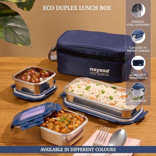 Nayasa Eco Duplex 3 Stainless Steel Office Lunch Box Set with Soft Insulated Bag | Leak Proof Tiffin Box | 640 ml | Blue - Image 2