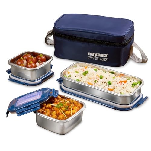 Nayasa Eco Duplex 3 Stainless Steel Office Lunch Box Set with Soft Insulated Bag | Leak Proof Tiffin Box | 640 ml | Blue - Image 1