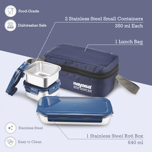 Nayasa Eco Duplex 3 Stainless Steel Office Lunch Box Set with Soft Insulated Bag | Leak Proof Tiffin Box | 640 ml | Blue - Image 4
