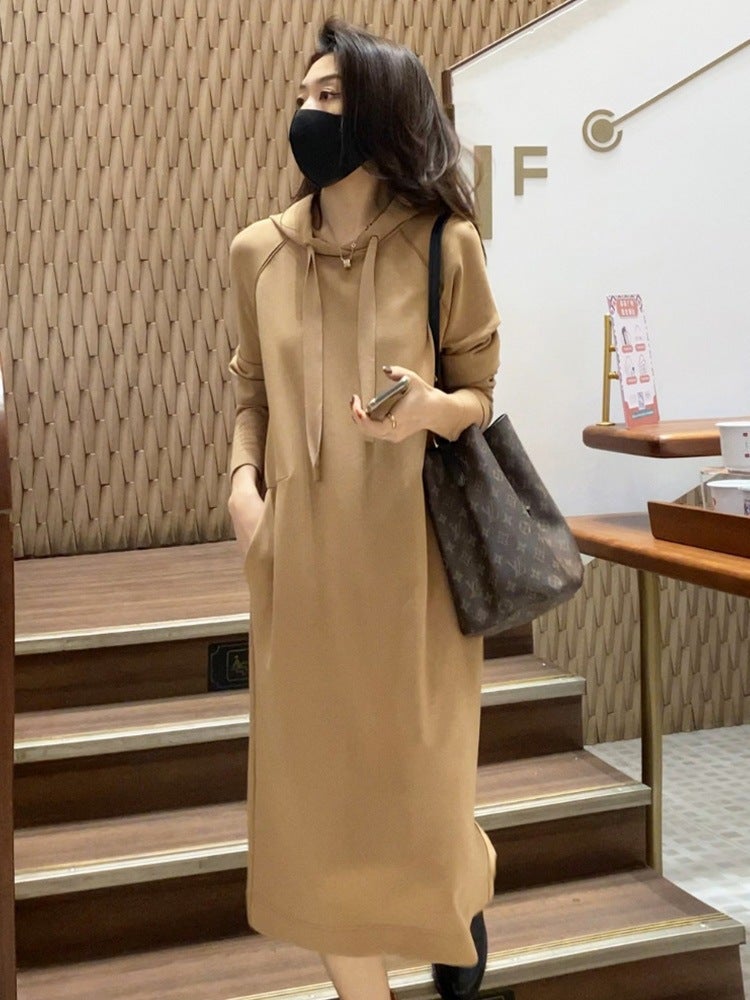Sweater skirt womens autumn and winter high-grade temperament casual knitted dress mid-length loose slimming hooded sweater Khaki