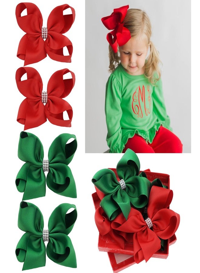 Ayesha 4PCS Christmas Hair Bows, 6Inch Big Grosgrain Ribbon Bows Alligator Clips for Girls, Red Green Glitter Xmas Hair Bows for Christmas Party - Image 1