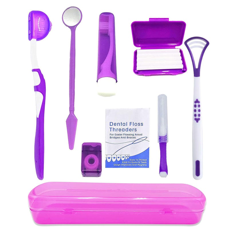 HRASY Portable Orthodontic Oral Care Kit for Braces Interdental Brush Dental Wax Dental Floss Toothbrush Cleaning KitPurple