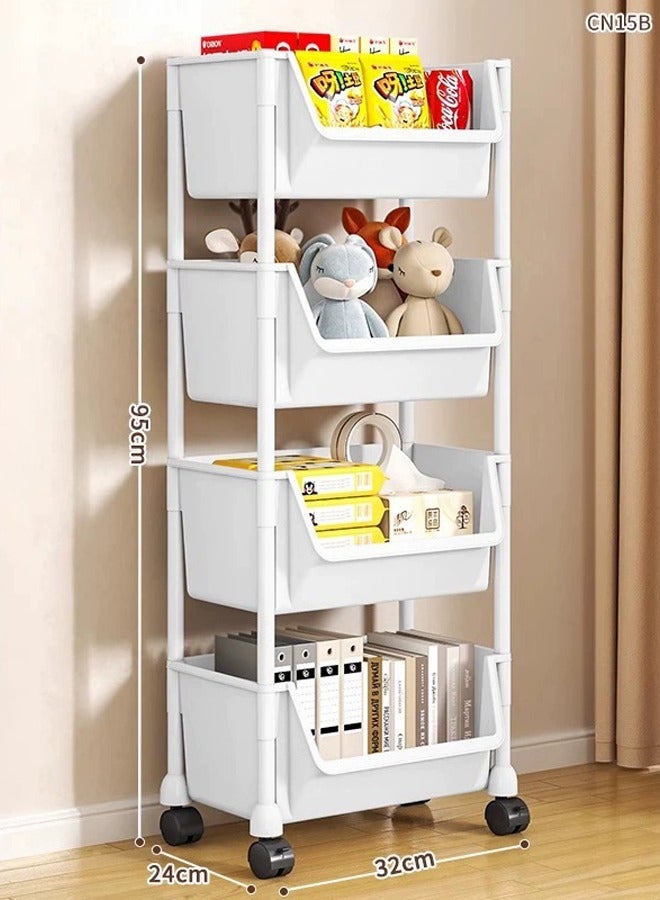 BLOOMING TIME 4-Tier Multipurpose Rolling Shelves CartOrganizer Bookshelf Movable Desktop Storage Rack Multi-layer Household Children's Toy Floor Storage Rack With Wheels Simple Installation, With Wheels Can Be Moved At Will, Suitable For Bathrooms, Kitchens, Etc.（White）  - Image 1
