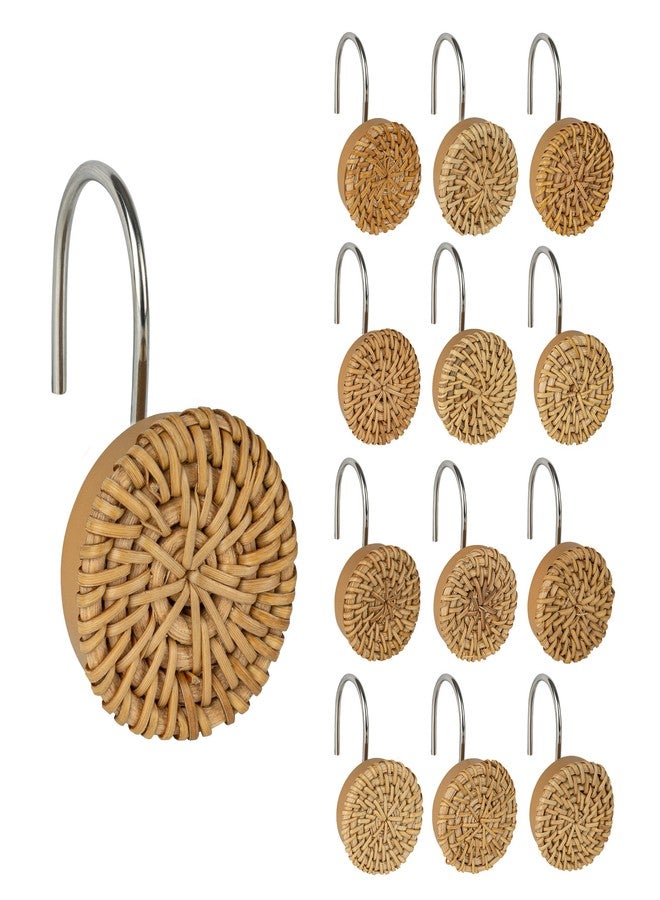 Sunlit Boho Decorative Shower Curtain Hooks, Woven Wicker Ratten Shower Curtain Rings for Bathroom, Farmhouse Shower Curtain Hangers Bathroom Accessories, Set of 12 - Image 1