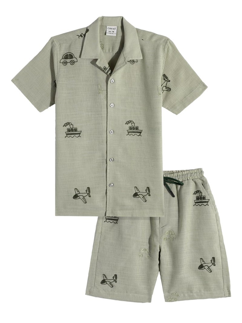 CAVIO Cotton Linen Shirt and Shorts Half Sleeves Printed Co-ord Set For Boys