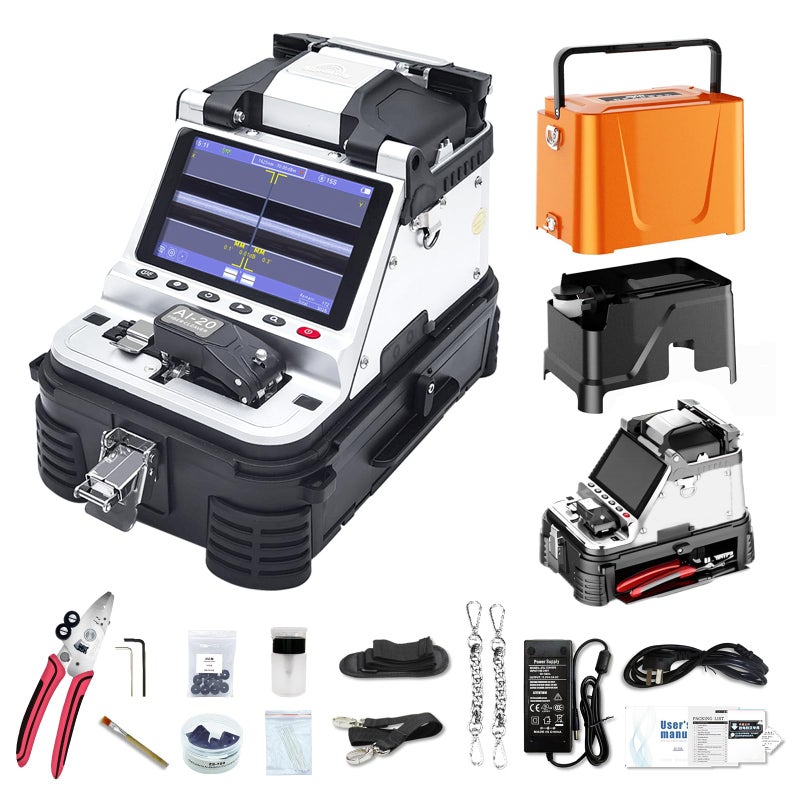 AI20 Fiber Fusion Splicer Core Alignment Automatic FTTH Fiber Optical Welding Machine 6s Splicing Six Motor 15s Heating Builtin VFL OPM Function with Highly Integrated Cleaver7800mAh