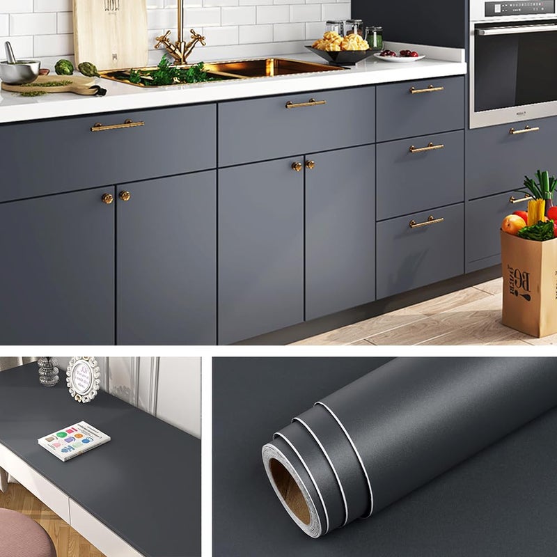 Livelynine Dark Grey Peel and Stick Wallpaper for Bathroom Renter Friendly Cabinet Vinyl Wrap for Kitchen Countertop Covers Waterproof Gray Contact Paper for Cabinets Desk Wallpaper 158x788 Inch - Image 2
