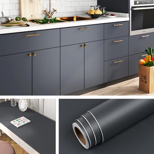 Livelynine Dark Grey Peel and Stick Wallpaper for Bathroom Renter Friendly Cabinet Vinyl Wrap for Kitchen Countertop Covers Waterproof Gray Contact Paper for Cabinets Desk Wallpaper 158x788 Inch - Image 1