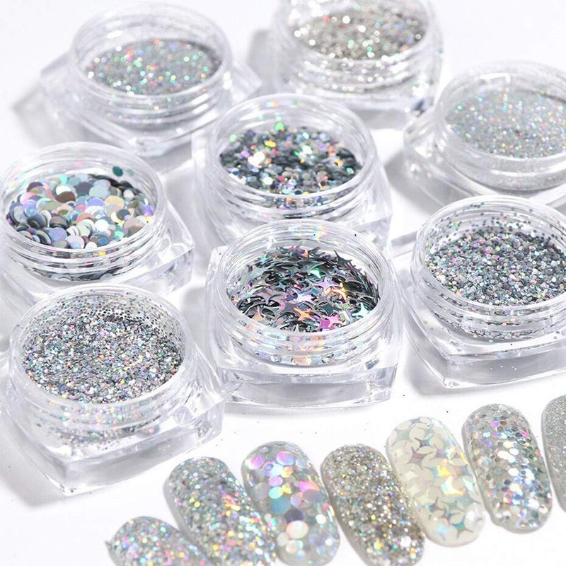 KISSBUTY 8 Boxes Holographic Nail Art Sequins Glitter Set - Metallic Shining Flakes Silver Nail Glitter for Manicure - Image 3