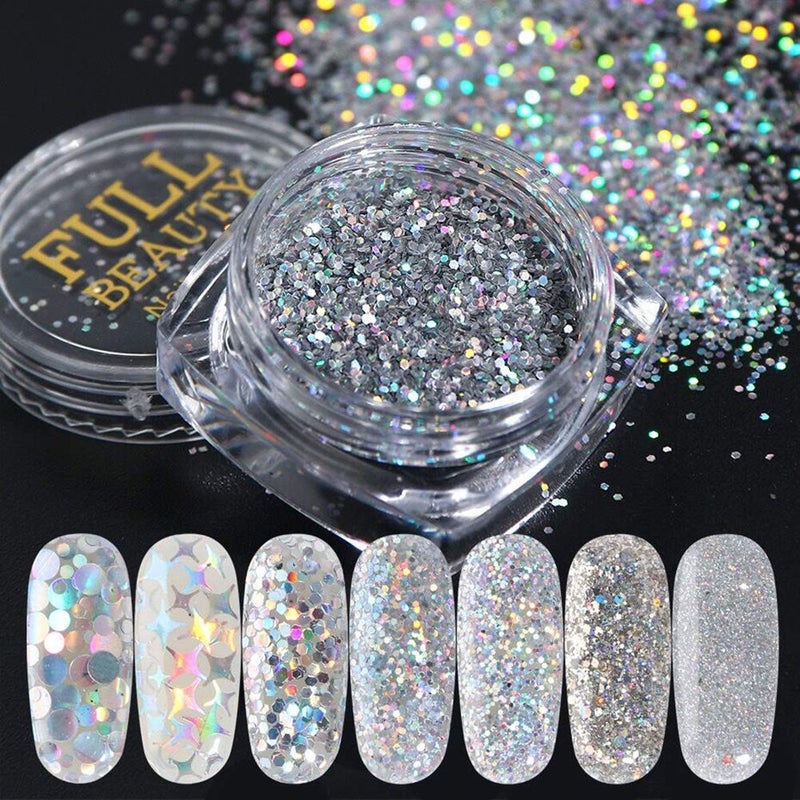KISSBUTY 8 Boxes Holographic Nail Art Sequins Glitter Set - Metallic Shining Flakes Silver Nail Glitter for Manicure - Image 2