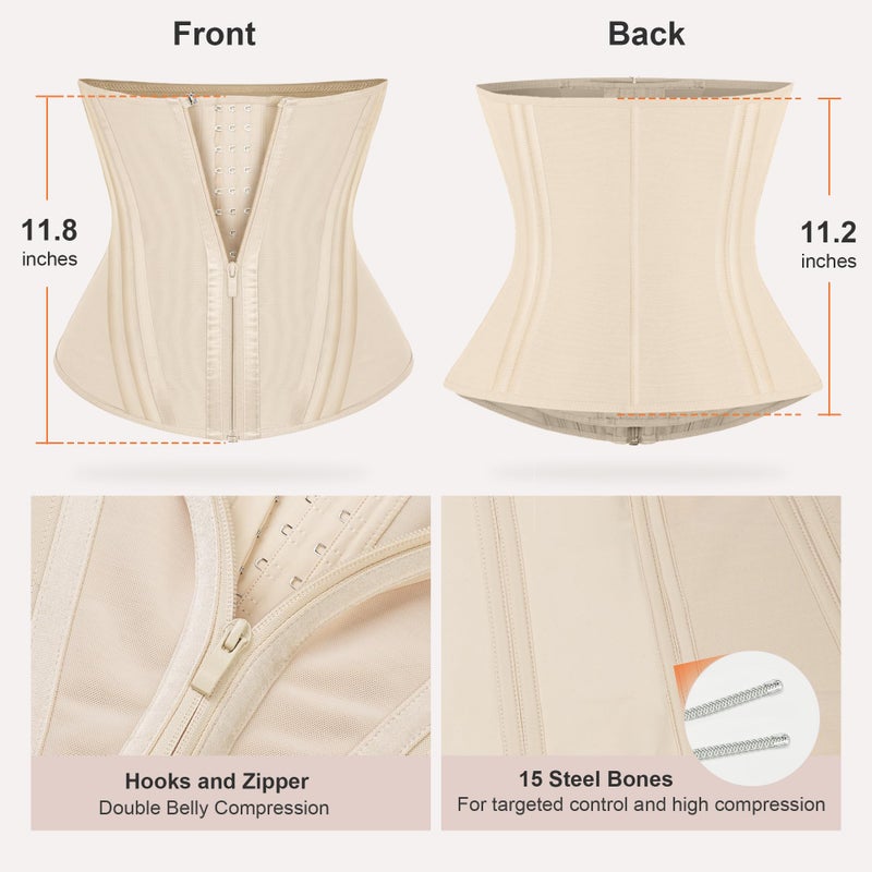 SHAPERX Waist Trainer for Women Underbust Corset Shapewear Tummy Control Workout Waist Cincher Body Shaper Zipper and Hooks, SZ7310-Beige-L - Image 3