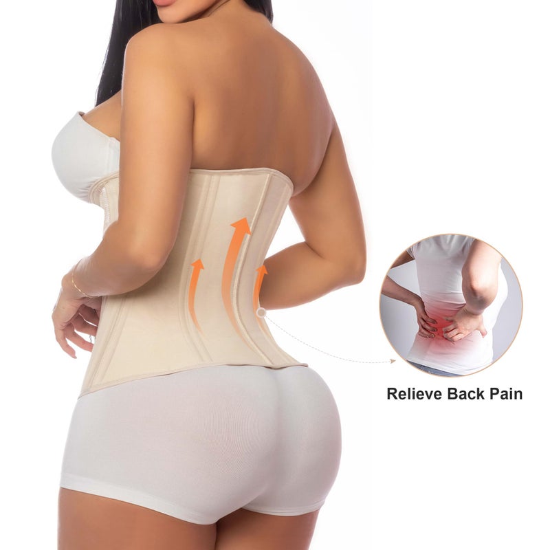 SHAPERX Waist Trainer for Women Underbust Corset Shapewear Tummy Control Workout Waist Cincher Body Shaper Zipper and Hooks, SZ7310-Beige-L - Image 2
