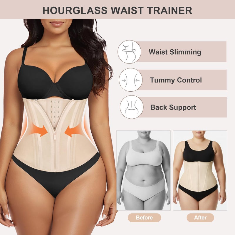 SHAPERX Waist Trainer for Women Underbust Corset Shapewear Tummy Control Workout Waist Cincher Body Shaper Zipper and Hooks, SZ7310-Beige-L - Image 5
