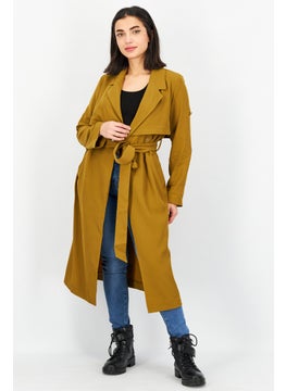 Women Textured Long Sleeve Trench Coat, Khaki