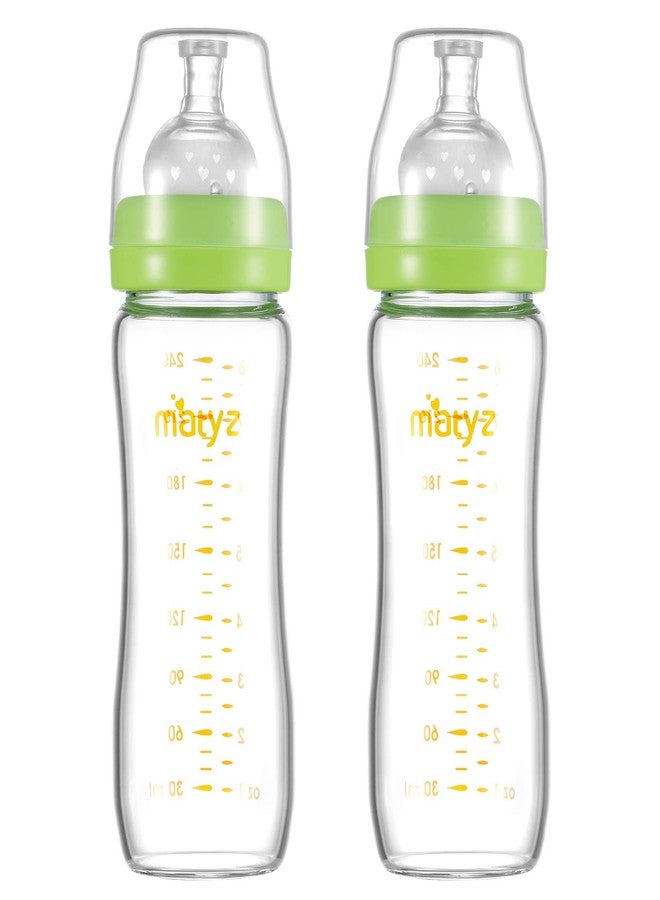 Matyz Glass Breastmilk Baby Feeding Bottle with Nipple, 2 Pack, 8 oz Slim and Light Bottle Easy to Hold, Food Grade Borosilicate Glass, Wide Neck Easy to Clean, No BPA (Green Lids) - Image 1