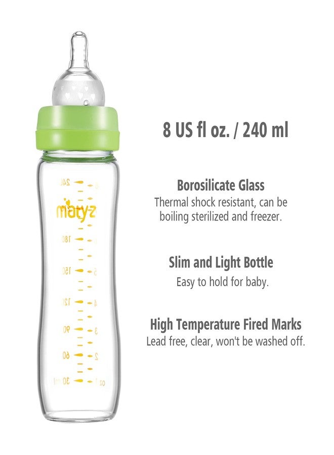 Matyz Glass Breastmilk Baby Feeding Bottle with Nipple, 2 Pack, 8 oz Slim and Light Bottle Easy to Hold, Food Grade Borosilicate Glass, Wide Neck Easy to Clean, No BPA (Green Lids) - Image 3