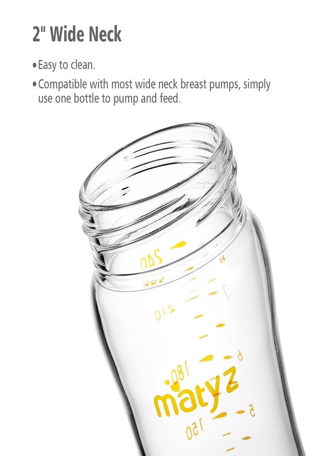 Matyz Glass Breastmilk Baby Feeding Bottle with Nipple, 2 Pack, 8 oz Slim and Light Bottle Easy to Hold, Food Grade Borosilicate Glass, Wide Neck Easy to Clean, No BPA (Green Lids) - Image 5