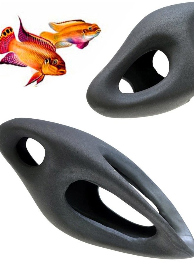 Corisrx Fish Tank Decorations Ceramic Betta Cave - Aquarium Cichlid Rock, Turtle Tank Accessories, Fish House Ornaments, Smooth Unsymmetrical Guppy Decor, Lizard Hides and Caves Small (Black) - Image 1