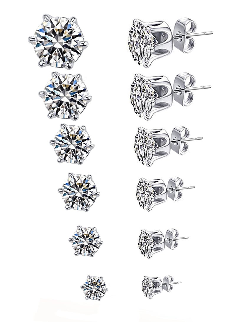KASTWAVE Stud Earrings Set, Hypoallergenic Clear Cubic Zirconia 316L Earrings Stainless Steel CZ Earrings for Women for Men 3-8mm 6 Pairs - Image 1