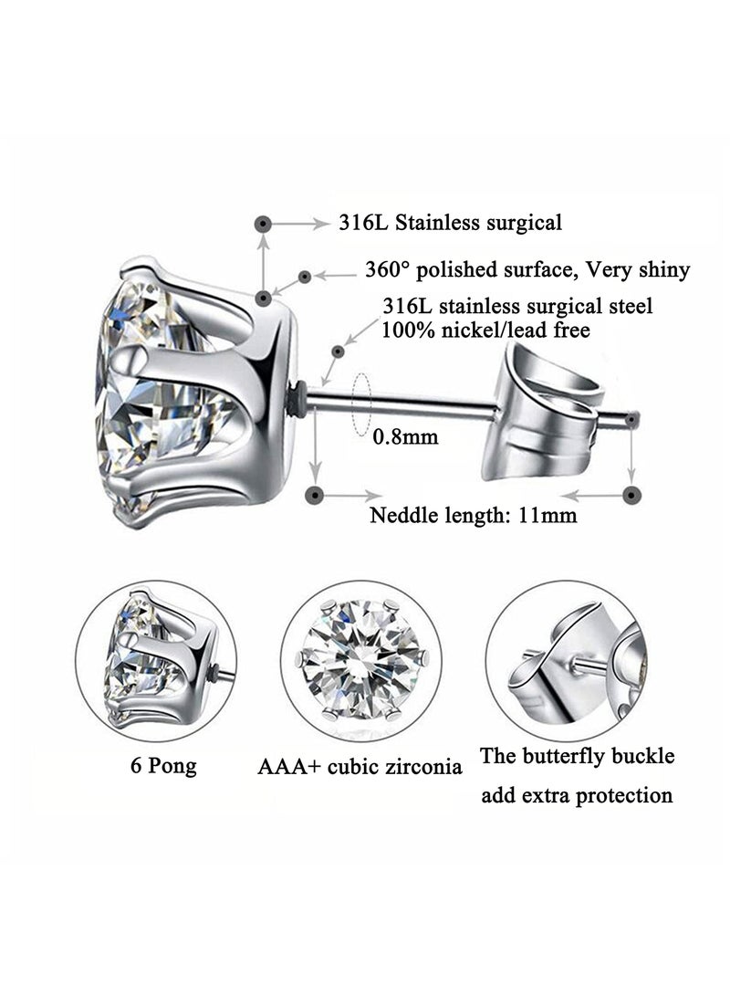 KASTWAVE Stud Earrings Set, Hypoallergenic Clear Cubic Zirconia 316L Earrings Stainless Steel CZ Earrings for Women for Men 3-8mm 6 Pairs - Image 3