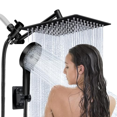 Ashwanth Shower Head,10”Rain Shower Head with Handheld Spray Combo and Adjustable Extension Arm/3-Way Flow Regulator/Shower System,High Pressure Rain Fall Hose,Matt Black - Image 1