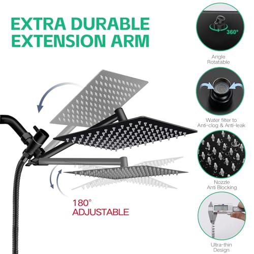 Ashwanth Shower Head,10”Rain Shower Head with Handheld Spray Combo and Adjustable Extension Arm/3-Way Flow Regulator/Shower System,High Pressure Rain Fall Hose,Matt Black - Image 3