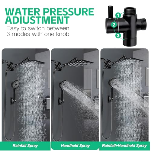 Ashwanth Shower Head,10”Rain Shower Head with Handheld Spray Combo and Adjustable Extension Arm/3-Way Flow Regulator/Shower System,High Pressure Rain Fall Hose,Matt Black - Image 2