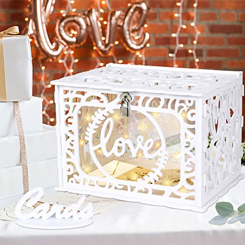 OurWarm DIY White Wedding Card Box with Lock and String Lights, PVC Hollow Card Box Graduation Card Box Perfect for Wedding Reception Anniversary, Baby Showers, Birthdays, Bridal or Baby Showers - Image 1