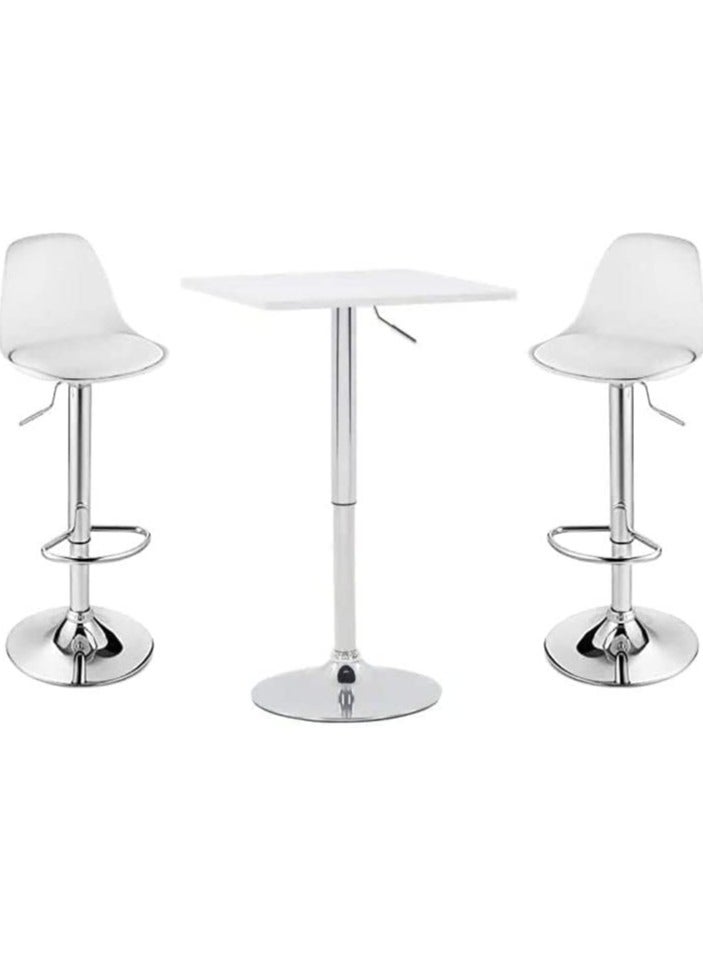 AL WADI FURNITURE مجموعة طاولات بار دائرية قابلة للتعديل من AWF AL WADI FURNITURE مكونة من 3 قطع من خشب MDF و2 كرسي بار بلاستيكي للمطبخ والمنزل ومقاعد بار من الجلد الصناعي مع مسند للقدمين ودوران 360 درجة مثالي للمساحات الصغيرة، باللون الأبيض  - Image 1