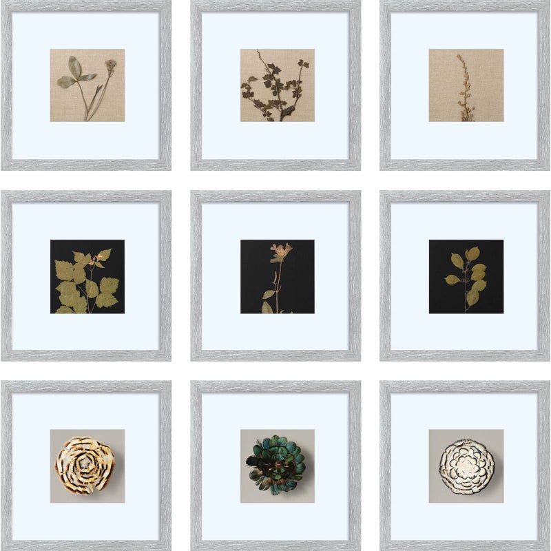 HEART ART 8x8 Picture Frame Set of 9 Display Pictures 4x4 with Mat or 8 x 8 without Mat Multi Collage Gallery Square Photo Frames for WallGray