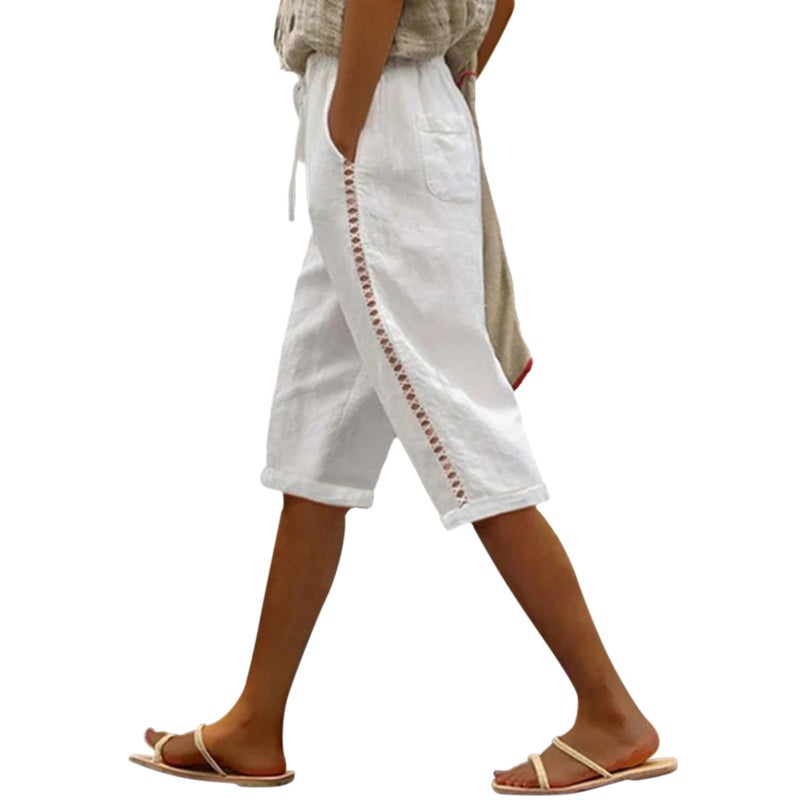 Puimentiua Women Linen Shorts Casual Knee Length Bermuda Shorts with Hollow Side Summer Beach Lightweight Capri Pants White - Image 1
