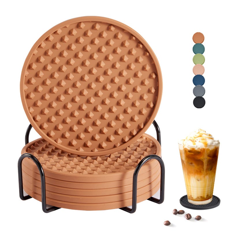 Coga Drink Coasters Set of 6 with Holder Silicone Coasters Tabletop Protection for Any Table Type Wood Stone Tables Dishwasher Safe Coasters for Drinks Fits Any Size of Drinking Glasses Brown