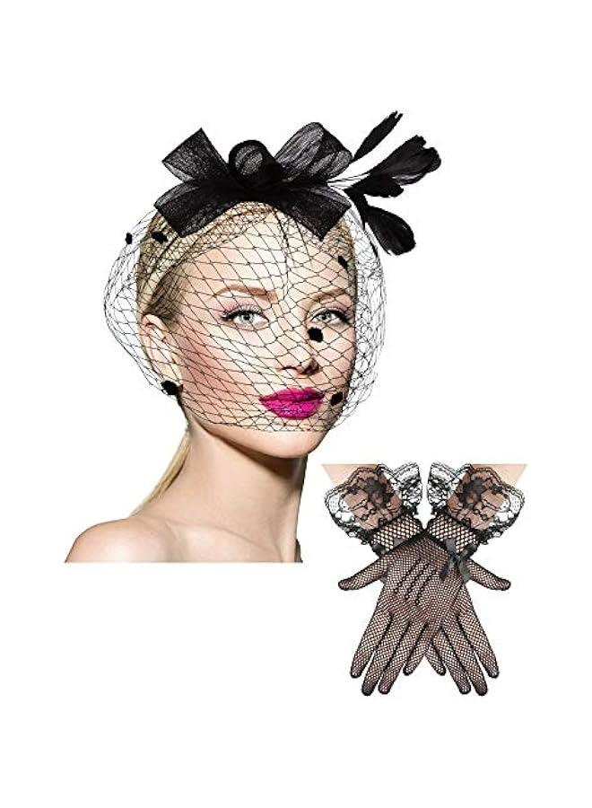 50s Fascinators for Women Funeral Veil Hat Tea Party Hat and Gloves Pillbox Cocktail Hat  - Image 1