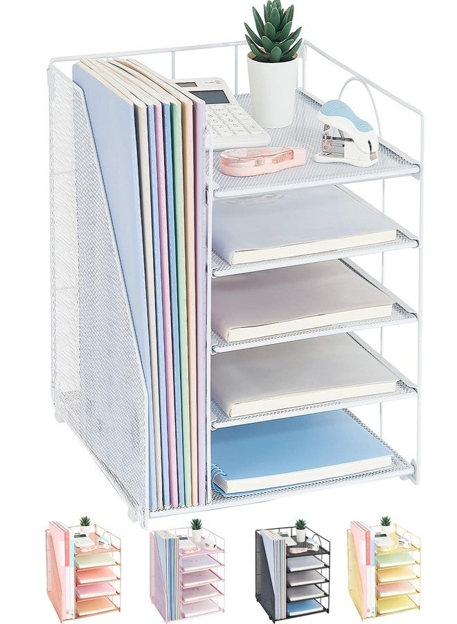 LEKETREE Desk Organizers and Accessories, 5-Tier Paper Letter Tray Organizer with File Holder, Desktop Organizer for Office Supplies (White) - Image 1