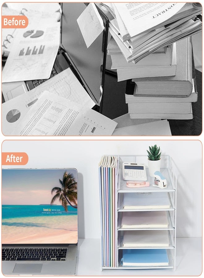 LEKETREE Desk Organizers and Accessories, 5-Tier Paper Letter Tray Organizer with File Holder, Desktop Organizer for Office Supplies (White) - Image 2