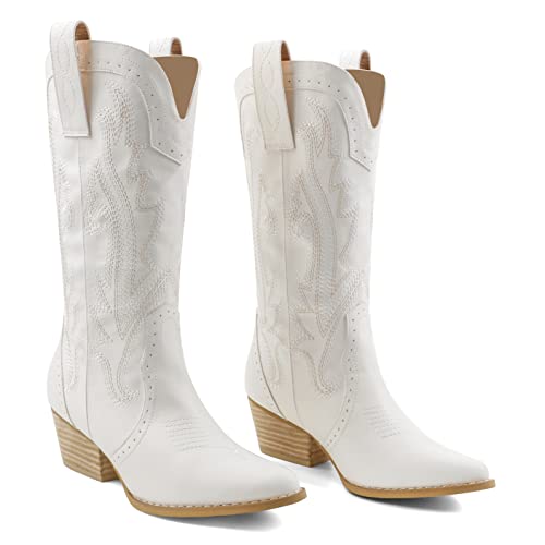Zzheels Women Mid-calf Cowboy Boots Pointy Toe Boot Embroidered Western Cowgirl Boots Chunky Heels White US8 - Image 1