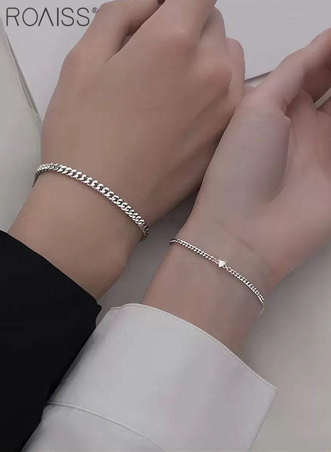 roaiss 4 Pcs Couple Ring and Bracelet Set, 2 Pcs Silver Heart-shaped Thin Chain Bracelets, 2 Pcs Adjustable Open Zircon Couple Rings, Suitable for Men and Women Daily Wear and Parties - Image 2