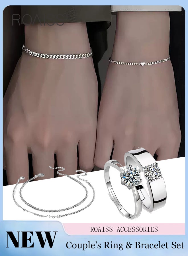 roaiss 4 Pcs Couple Ring and Bracelet Set, 2 Pcs Silver Heart-shaped Thin Chain Bracelets, 2 Pcs Adjustable Open Zircon Couple Rings, Suitable for Men and Women Daily Wear and Parties - Image 1