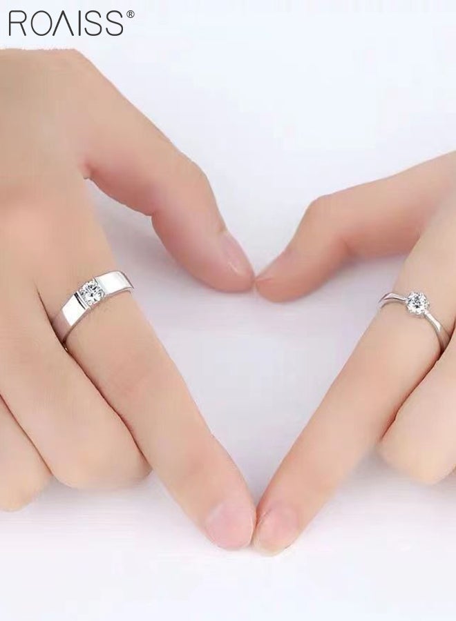 roaiss 4 Pcs Couple Ring and Bracelet Set, 2 Pcs Silver Heart-shaped Thin Chain Bracelets, 2 Pcs Adjustable Open Zircon Couple Rings, Suitable for Men and Women Daily Wear and Parties - Image 3